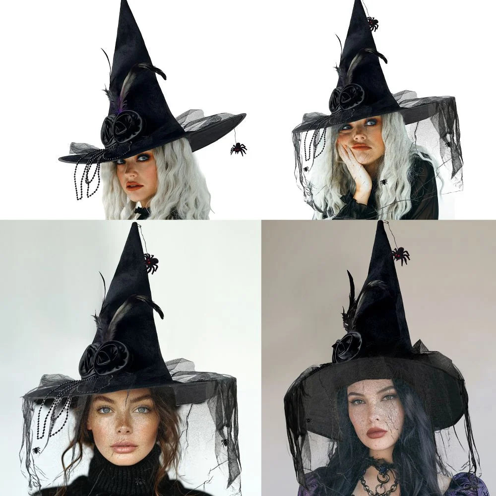 Black Spider Witch Hat with Veil & Feather – Halloween Pleated Wizard Hat Costume Accessory