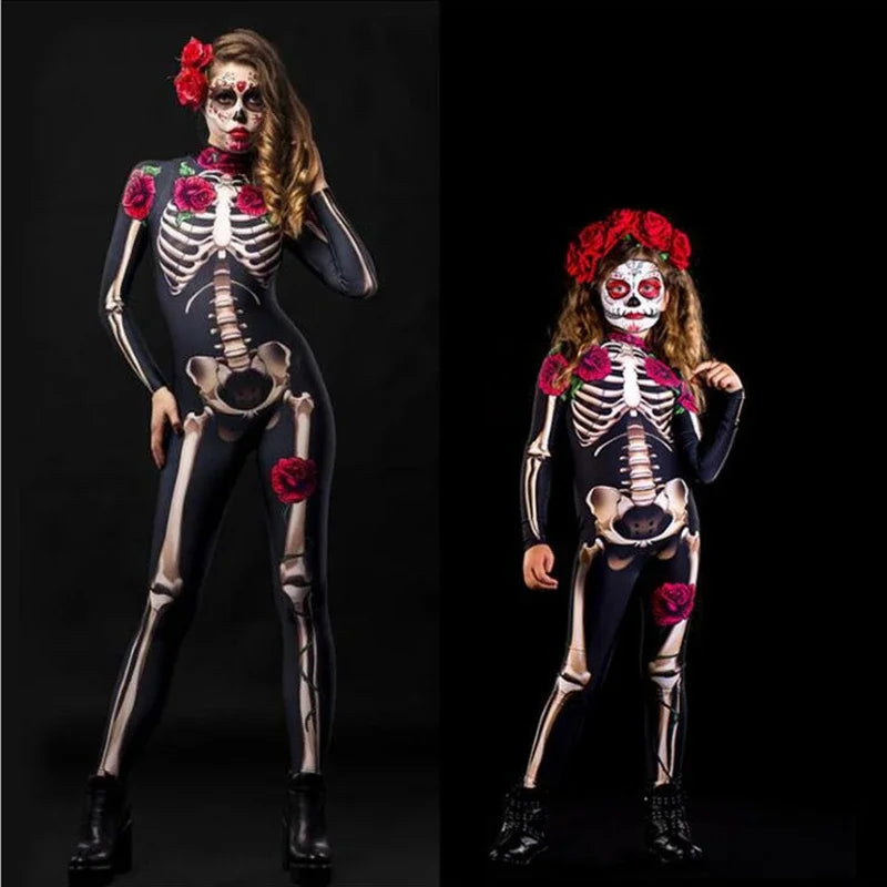 Rose Skeleton Halloween Costume – Adult & Kids Cosplay Jumpsuit for Party or Carnival