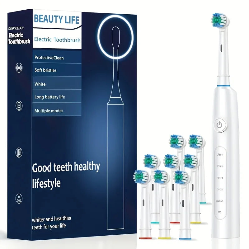 Electric Rotating Toothbrush Deep Clean Whitening Teeth for Adult Ultrasonic Toothbrush with 4/8pcs Refill Replacement Heads