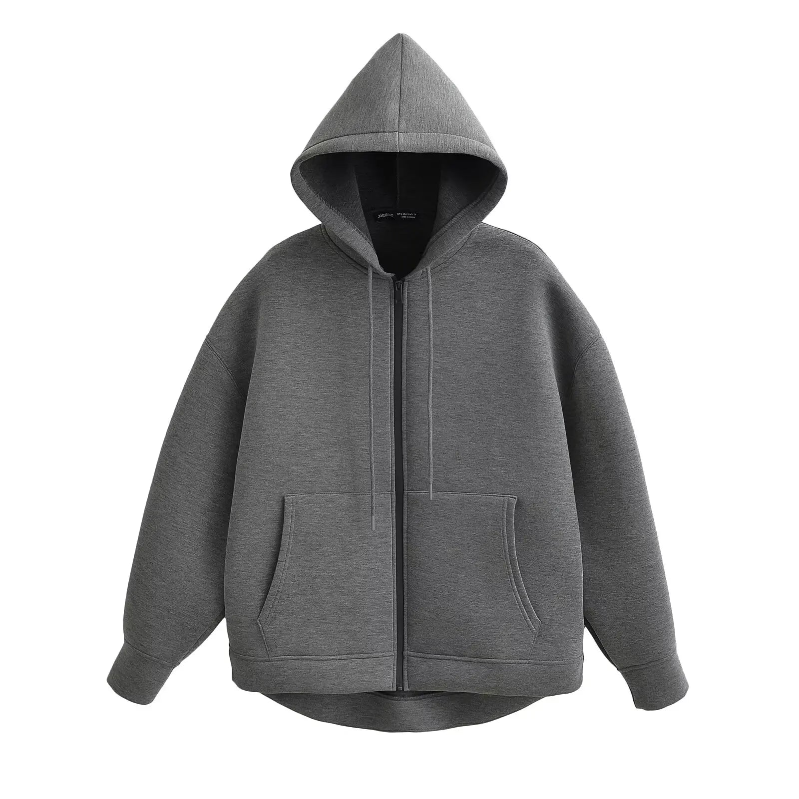 TRAFZA Autumn Women Gray Jacket With Hood Long Sleeve Big Pocket Zipper.