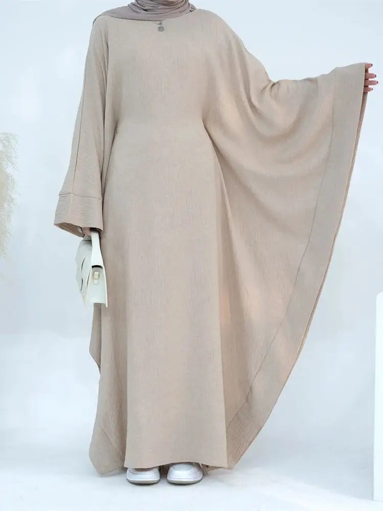 Women’s Dubai Linen Khimar Abaya – Ramadan Eid Muslim Maxi Kaftan Dress