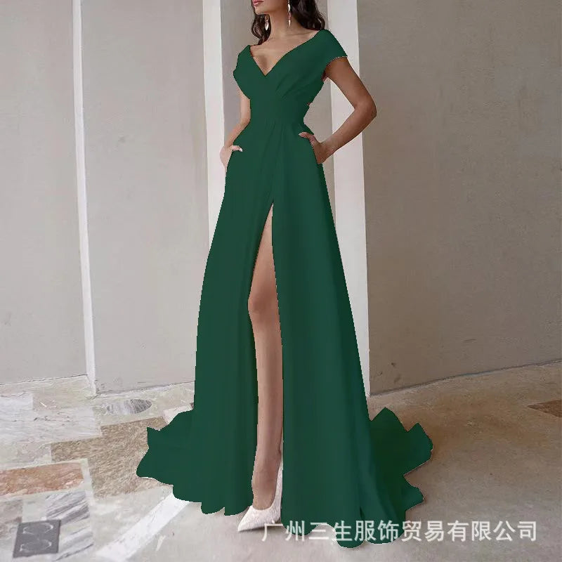 Women’s Elegant White Long Dress – Lace Hem Wrap Chest Evening Gown