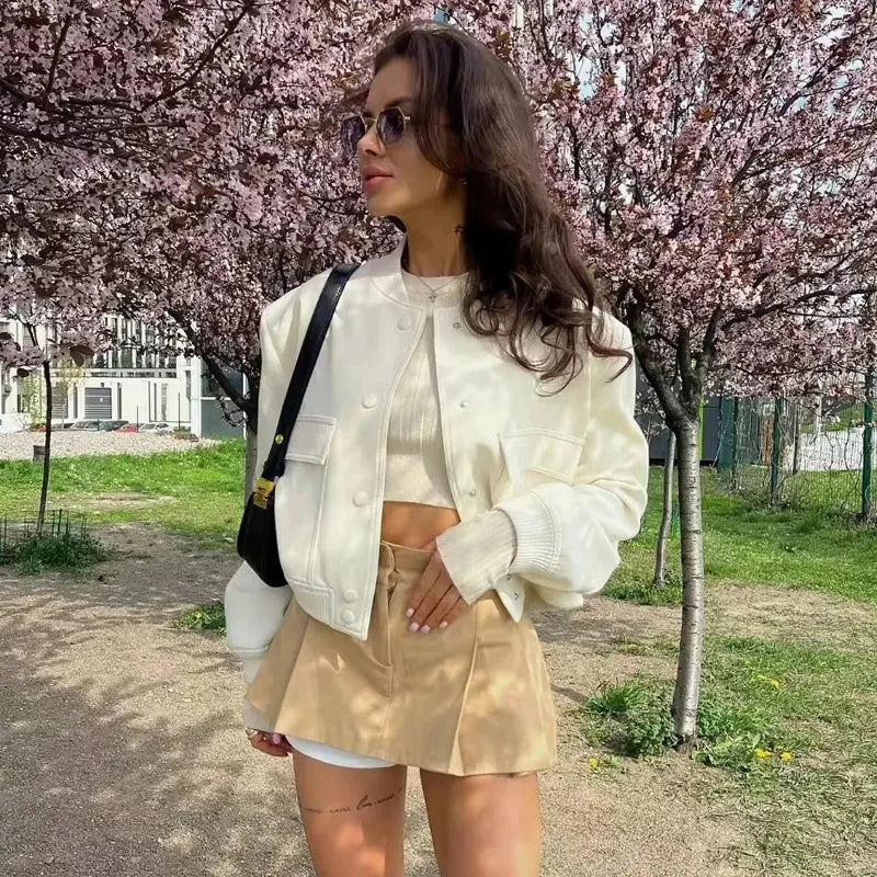 Women’s Cropped Bomber Jacket – Button-Up Baseball Style Coat