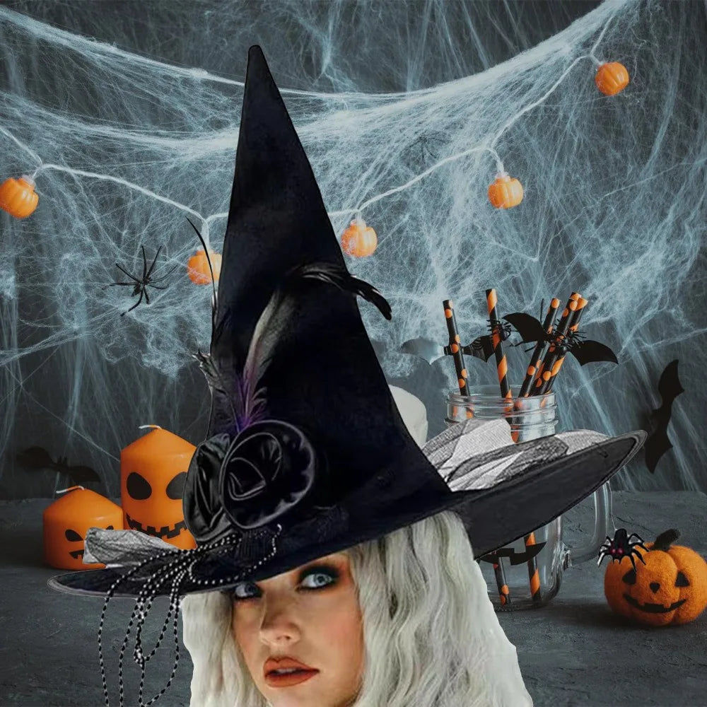 Black Spider Witch Hat with Veil & Feather – Halloween Pleated Wizard Hat Costume Accessory
