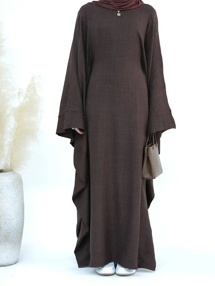 Women’s Dubai Linen Khimar Abaya – Ramadan Eid Muslim Maxi Kaftan Dress