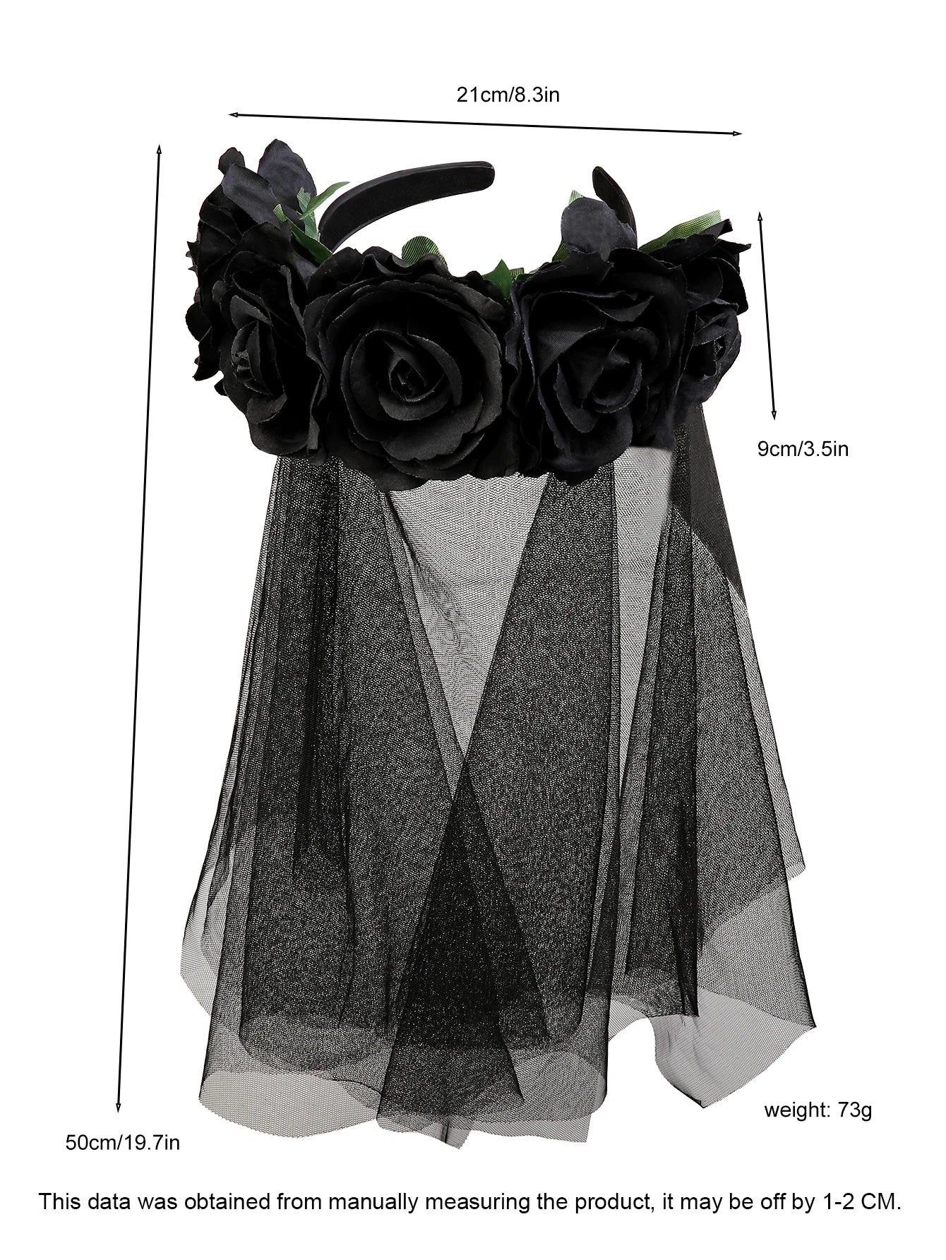 Black Day of the Dead Floral Headpiece – Rose Crown Veil Halloween Mexican Costume Headband