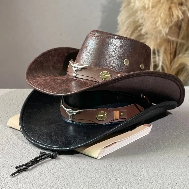 Faux Leather Western Cowboy Hat – Vintage Unisex Panama Cowgirl Jazz Cap for Men & Women