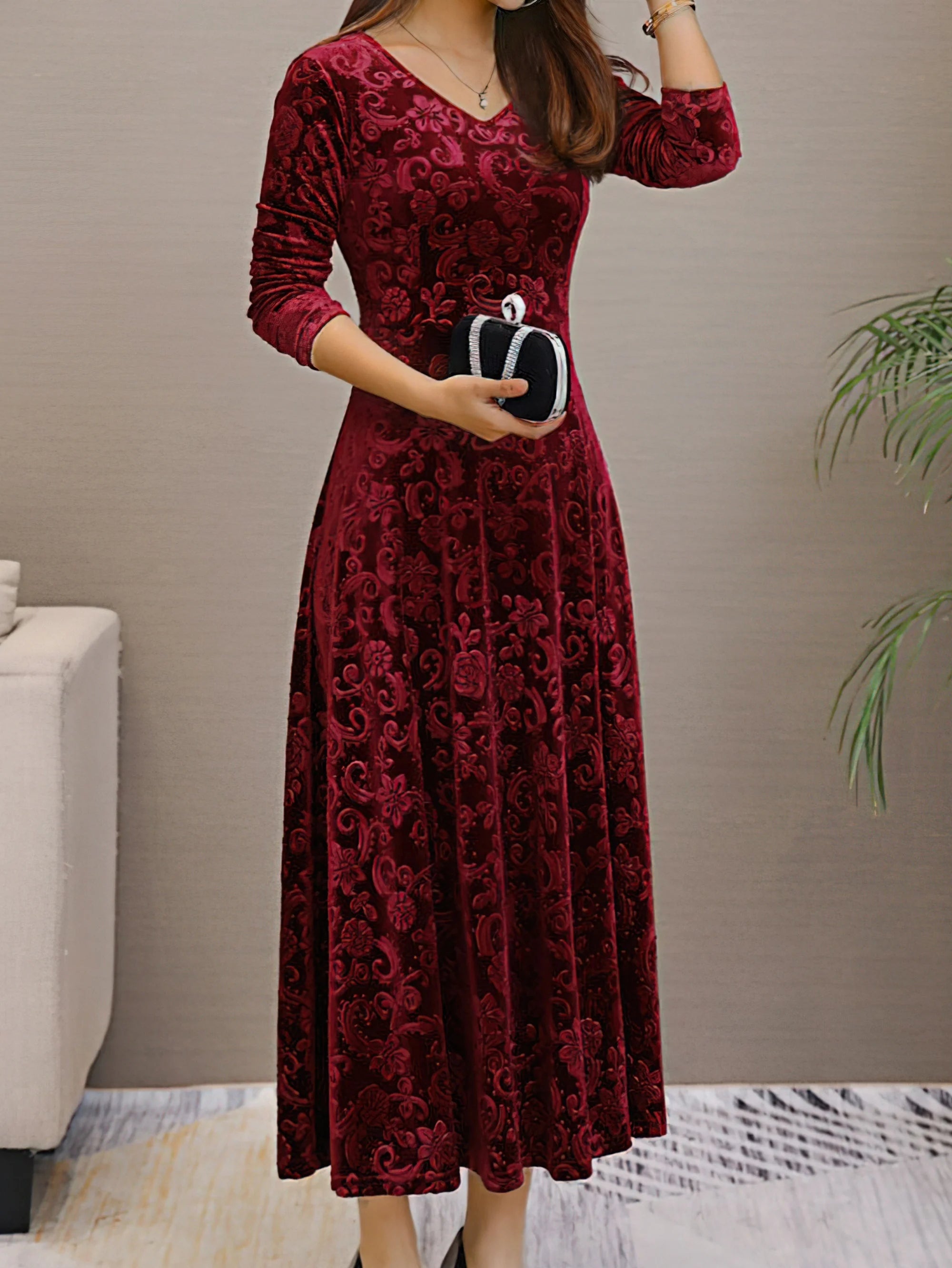Women’s Slim Fit Long Dress – Gold Velvet Long Sleeve Evening Gown