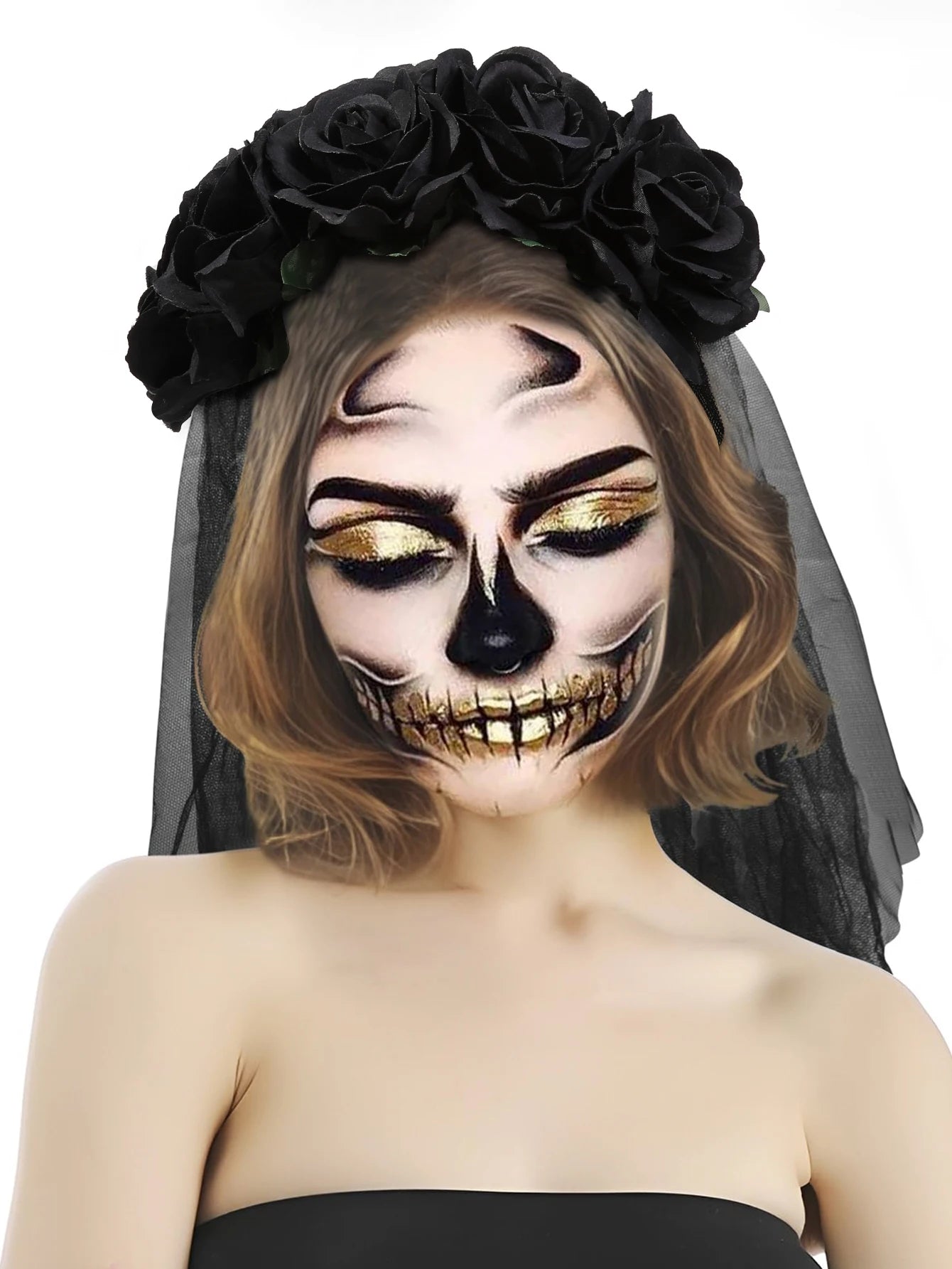 Black Day of the Dead Floral Headpiece – Rose Crown Veil Halloween Mexican Costume Headband