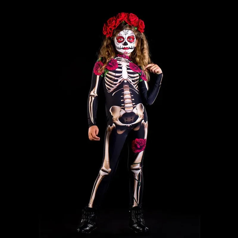 Rose Skeleton Halloween Costume – Adult & Kids Cosplay Jumpsuit for Party or Carnival