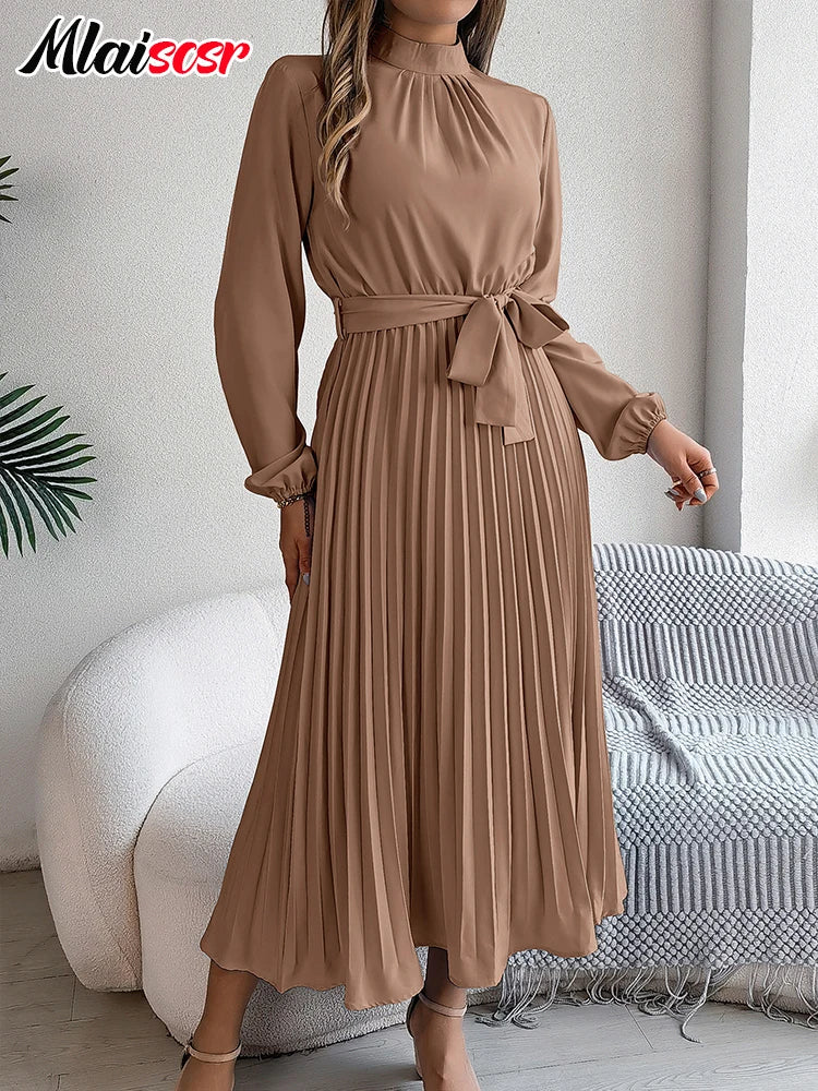 Women’s Elegant Blue Pleated A-Line Dress – Lace-Up Long Sleeve Evening Gown