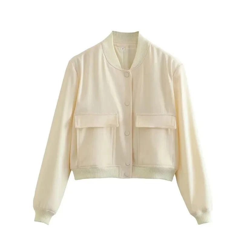 Women’s Cropped Bomber Jacket – Button-Up Baseball Style Coat