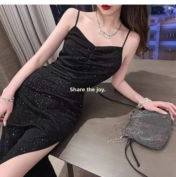 Women’s Sexy French Hepburn Style Sequin Strap Dress – Elegant Black Midi