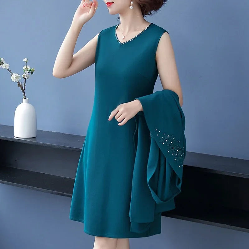 Women’s Comfortable Spring Autumn Dress Set – V-Neck Knee-Length Polyester Outfit