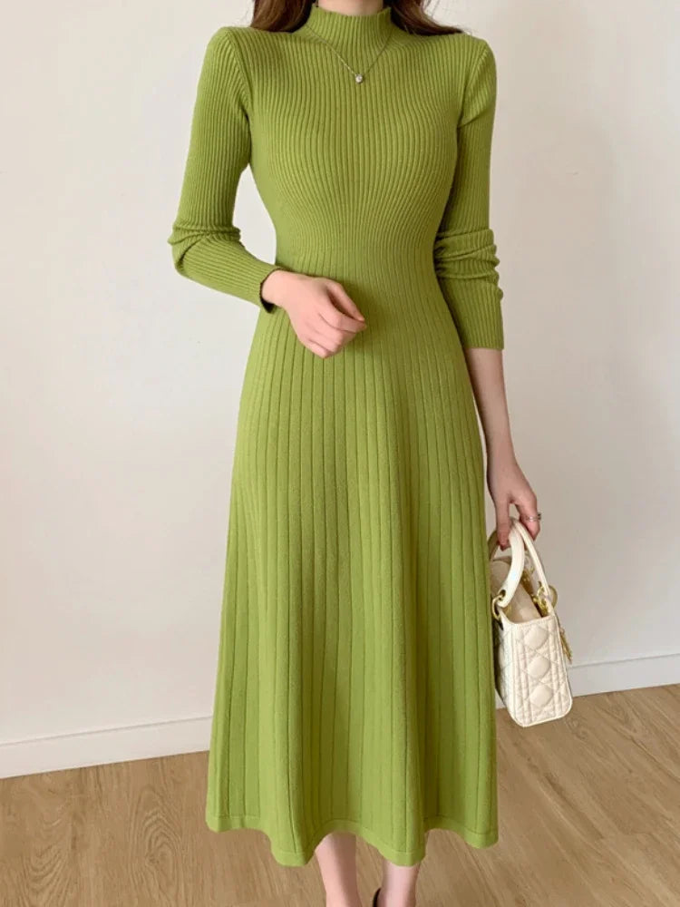 Women’s Slim Knitted Midi Dress – Long Sleeve Half High Collar Sweater Dress