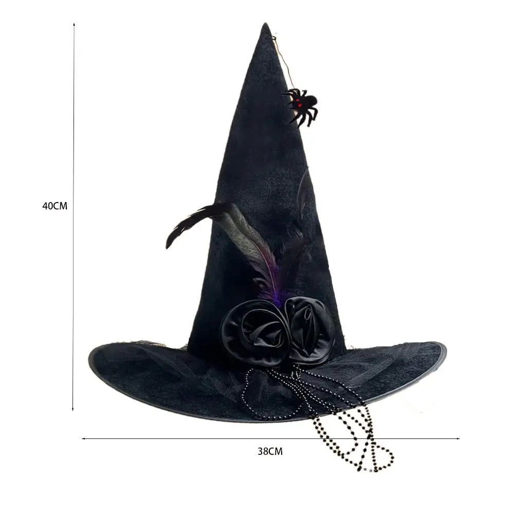 Black Spider Witch Hat with Veil & Feather – Halloween Pleated Wizard Hat Costume Accessory