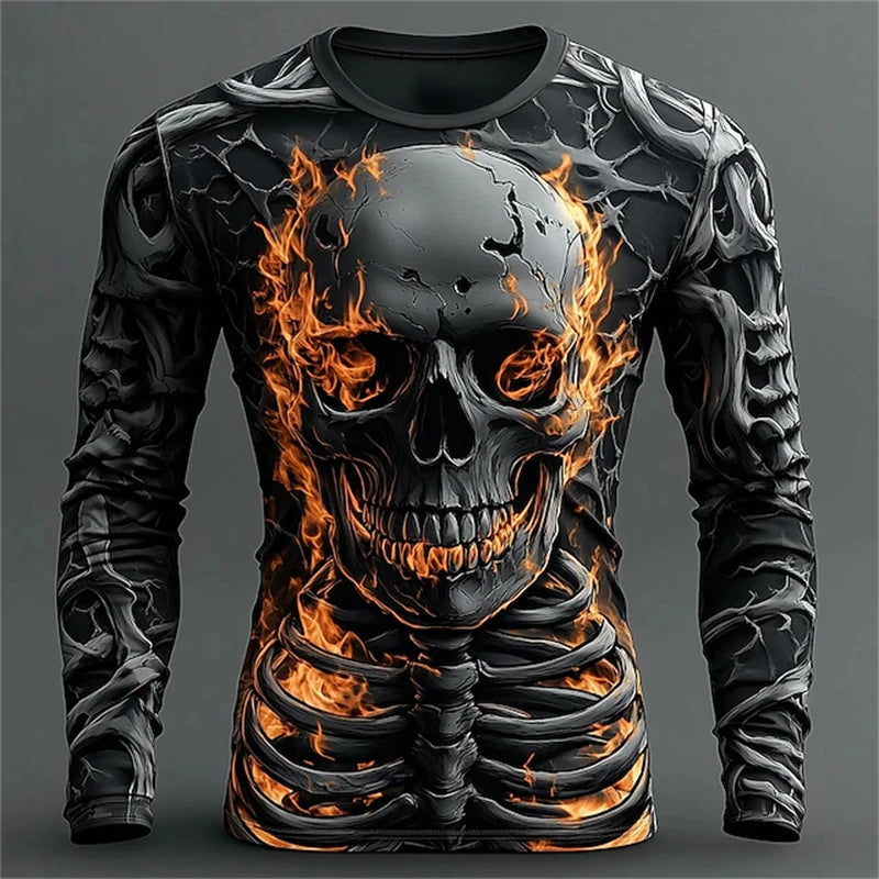 Men’s Skull Print Long Sleeve T-Shirt – 2025 Gothic Streetwear Halloween Party Top