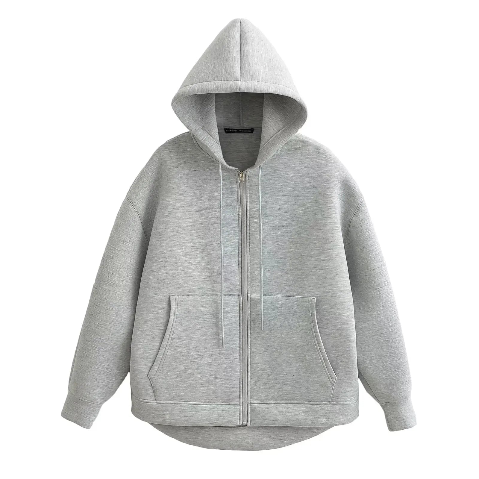 TRAFZA Autumn Women Gray Jacket With Hood Long Sleeve Big Pocket Zipper.