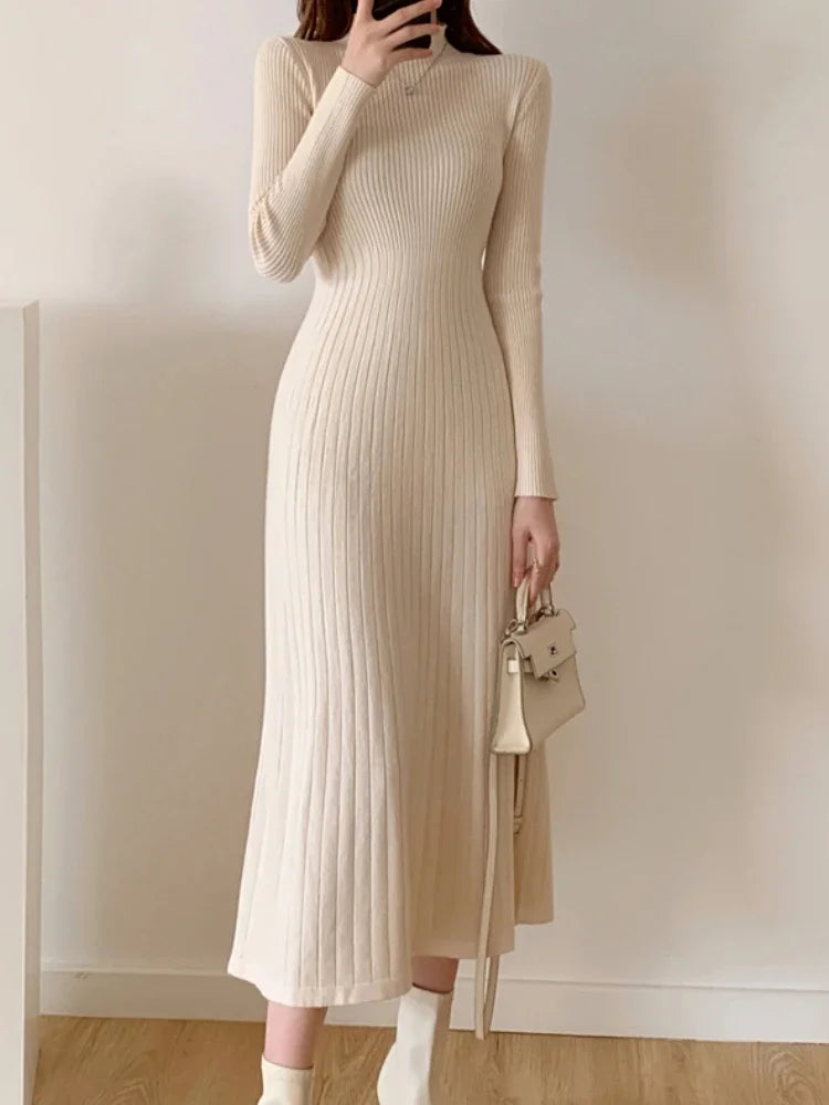 Women’s Slim Knitted Midi Dress – Long Sleeve Half High Collar Sweater Dress