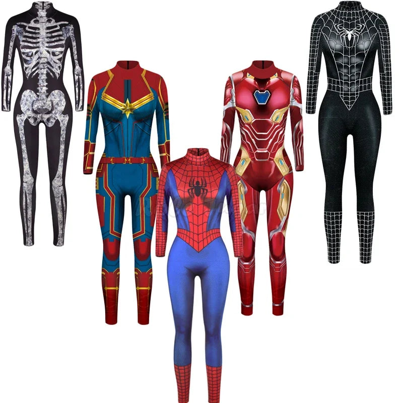 Women’s Superhero Bodysuit Cosplay – Spider-Man & Iron Man Digital Print Jumpsuit