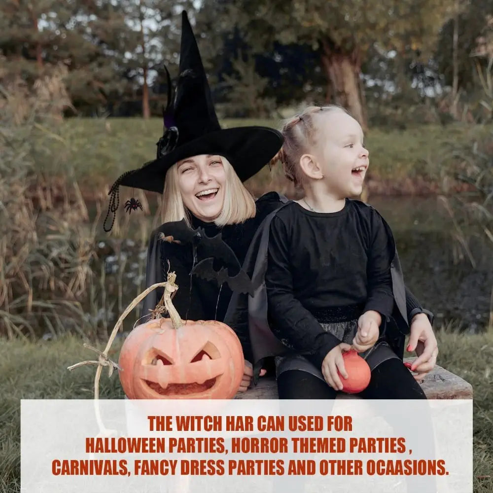 Black Spider Witch Hat with Veil & Feather – Halloween Pleated Wizard Hat Costume Accessory