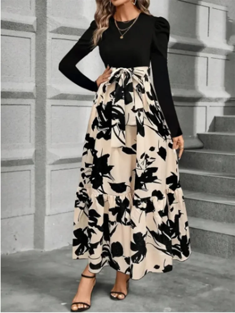 Women’s Round Neck Color Block Dress – Long Sleeve Floral A-Line Party Dress