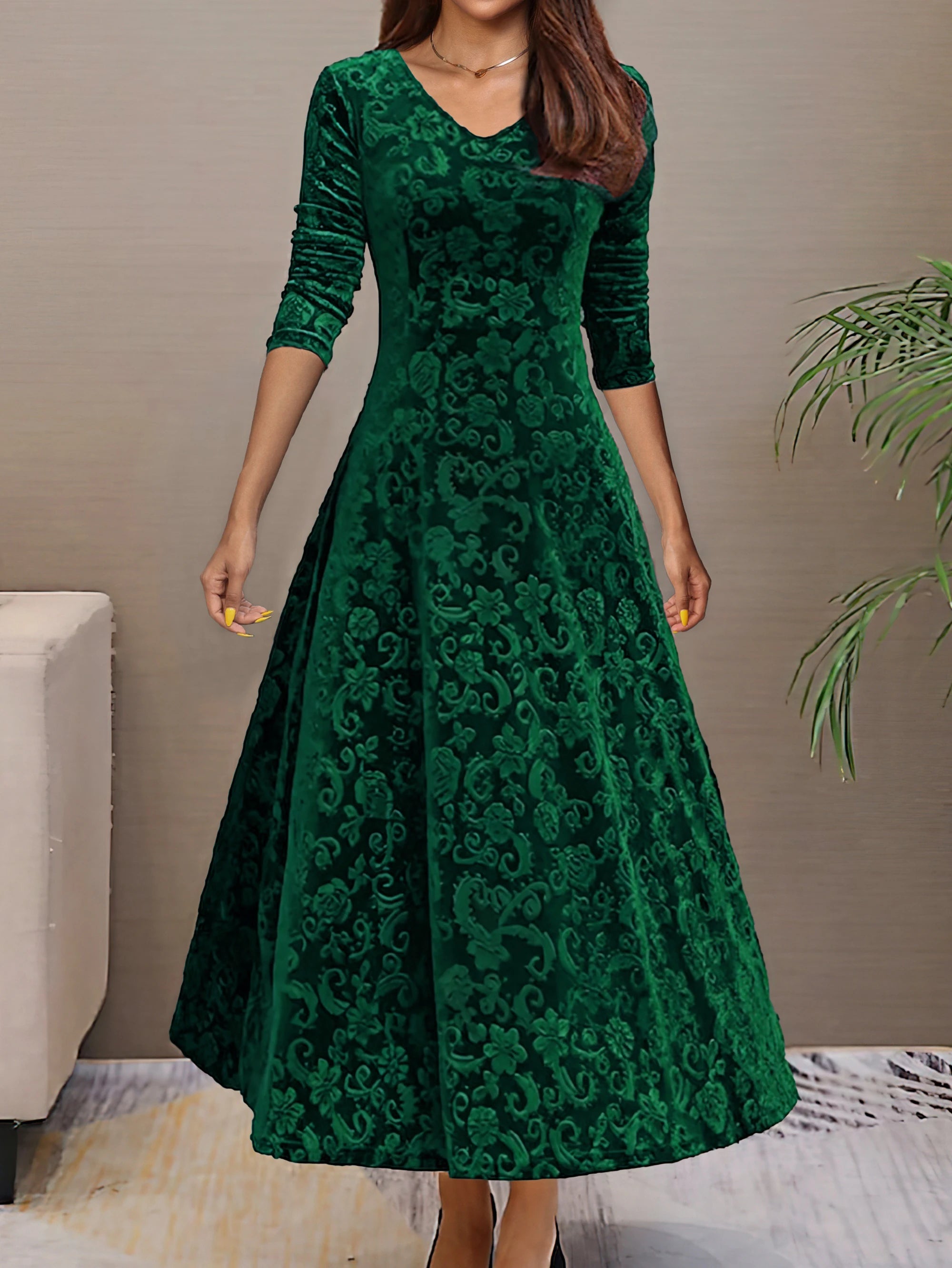 Women’s Slim Fit Long Dress – Gold Velvet Long Sleeve Evening Gown