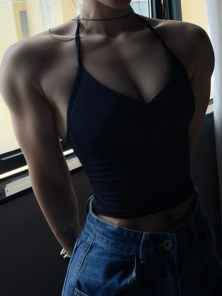 Seamless Longline Strappy Gym Top – Backless Yoga Tank with Built-in Bra