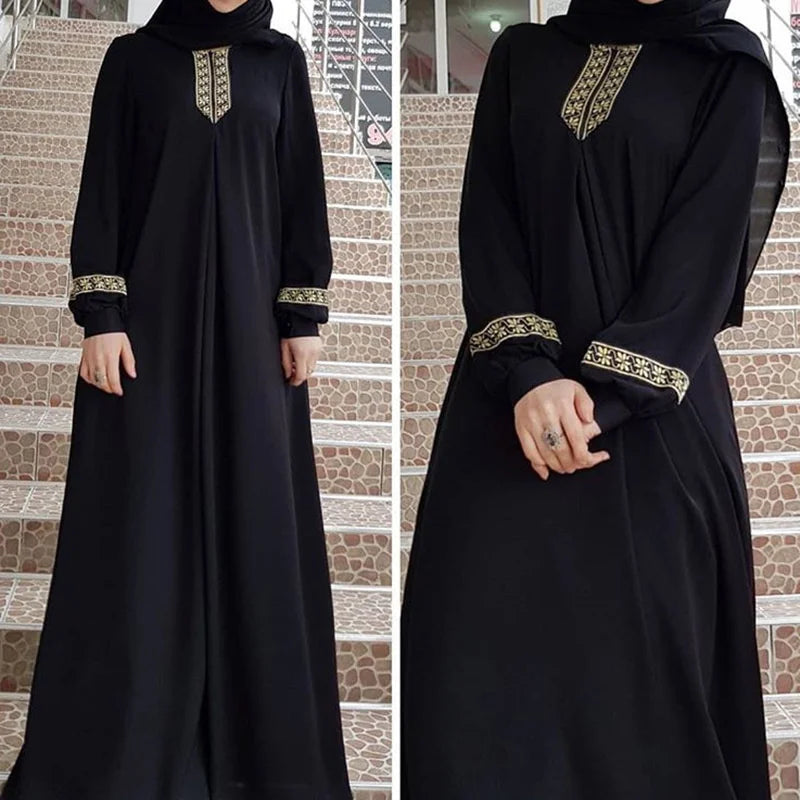 Plus Size Muslim Ethnic Print Abaya – Dubai Long Sleeve Loose Ramadan Dress