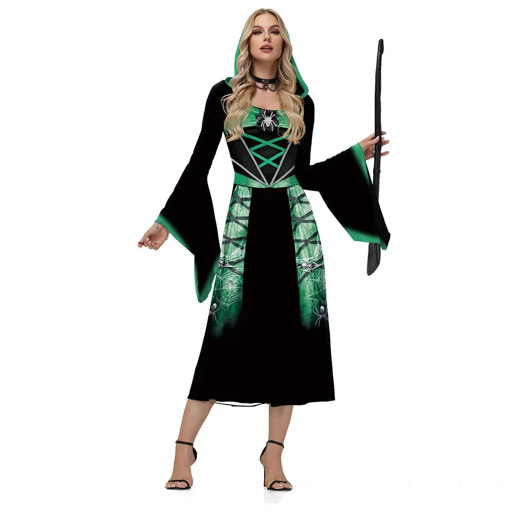 Women’s Skeleton Halloween Cosplay Costume – Hooded Medieval Robe Dress