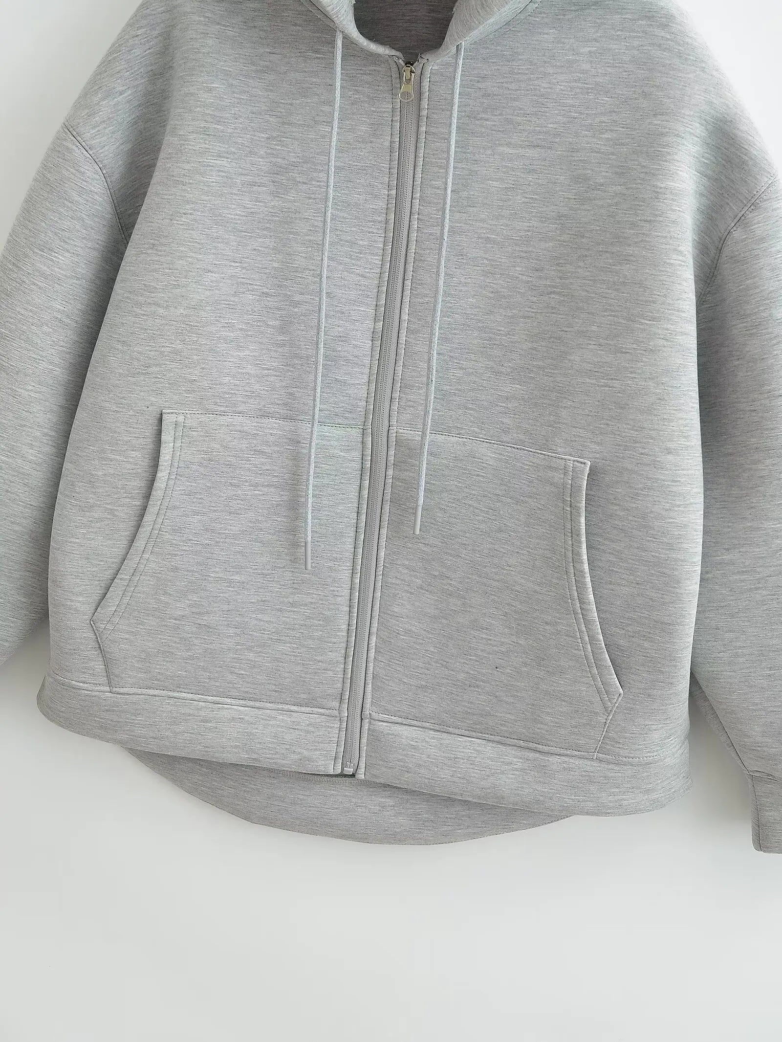 TRAFZA Autumn Women Gray Jacket With Hood Long Sleeve Big Pocket Zipper.