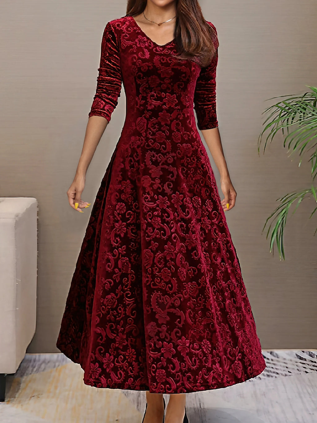Women’s Slim Fit Long Dress – Gold Velvet Long Sleeve Evening Gown