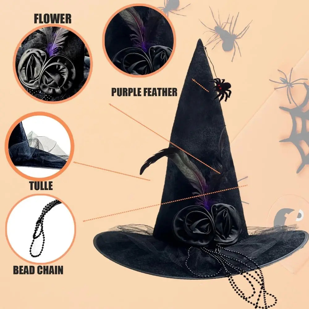 Black Spider Witch Hat with Veil & Feather – Halloween Pleated Wizard Hat Costume Accessory