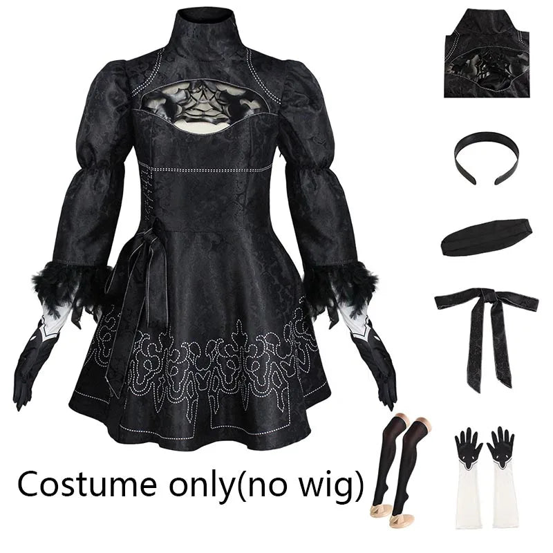 Big Size Yorha 2B Cosplay Costume – Full Set with Leotard Dress, Wig, Gloves & Eyemask