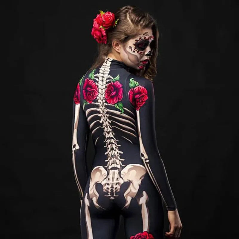 Rose Skeleton Halloween Costume – Adult & Kids Cosplay Jumpsuit for Party or Carnival