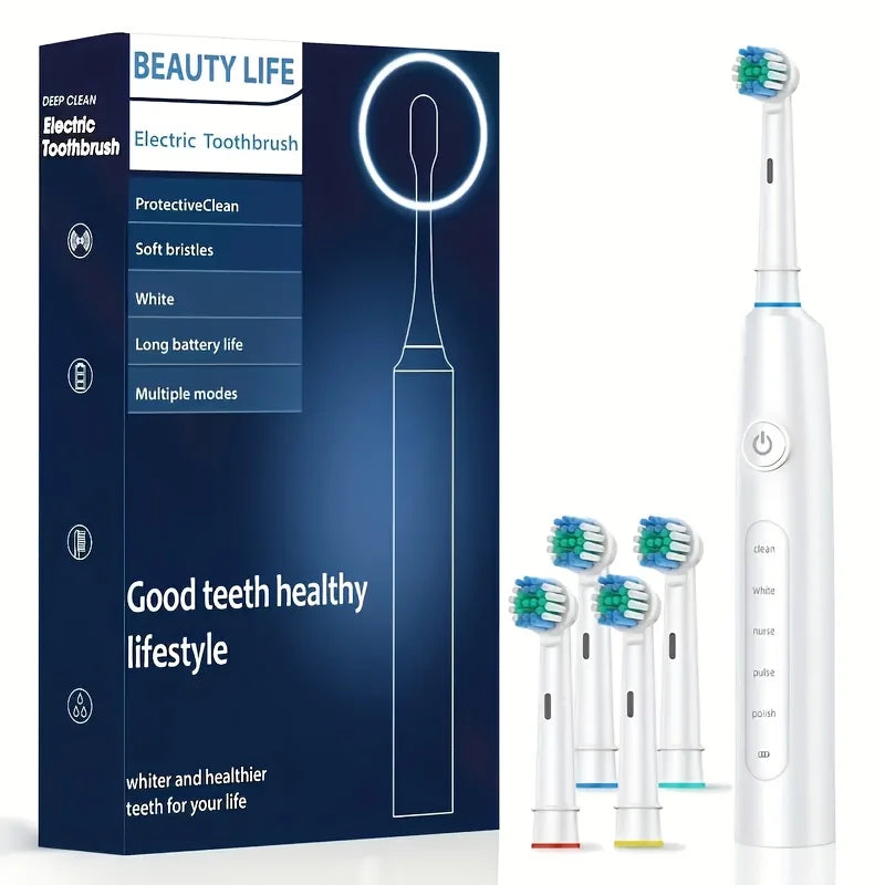 Electric Rotating Toothbrush Deep Clean Whitening Teeth for Adult Ultrasonic Toothbrush with 4/8pcs Refill Replacement Heads