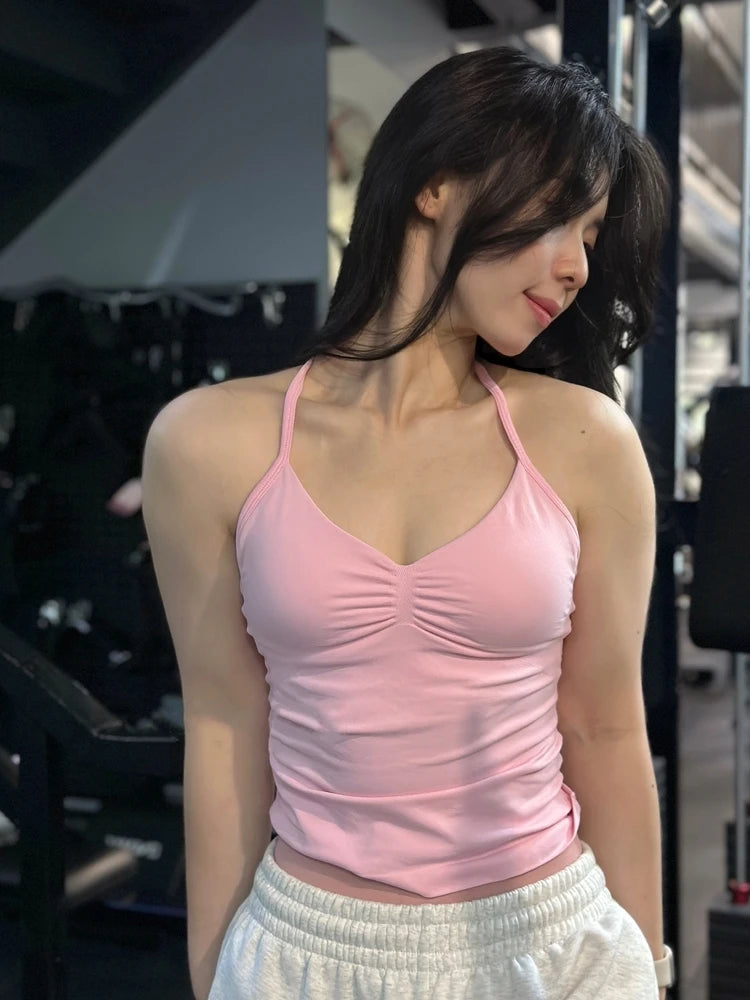 Seamless Longline Strappy Gym Top – Backless Yoga Tank with Built-in Bra