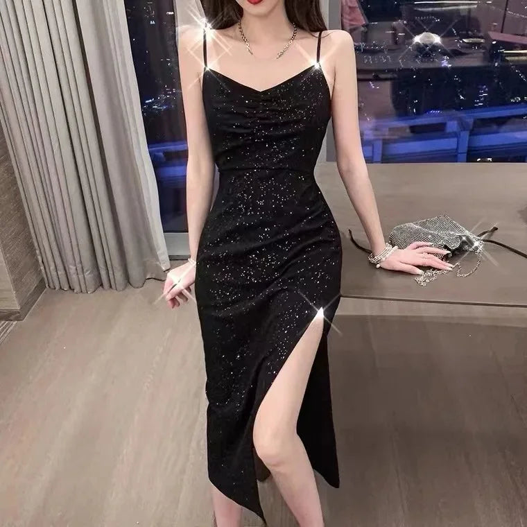 Women’s Sexy French Hepburn Style Sequin Strap Dress – Elegant Black Midi