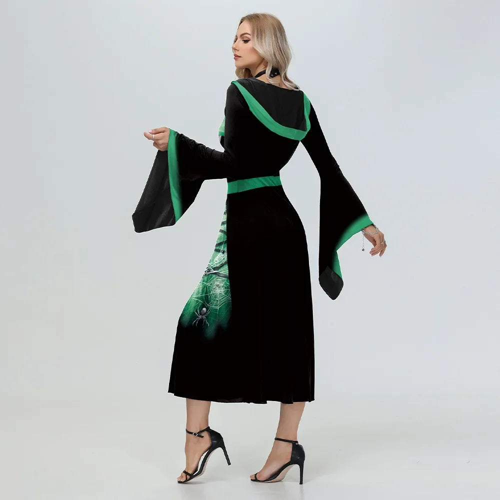 Women’s Skeleton Halloween Cosplay Costume – Hooded Medieval Robe Dress