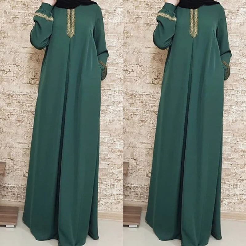Plus Size Muslim Ethnic Print Abaya – Dubai Long Sleeve Loose Ramadan Dress