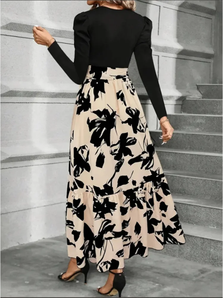 Women’s Round Neck Color Block Dress – Long Sleeve Floral A-Line Party Dress