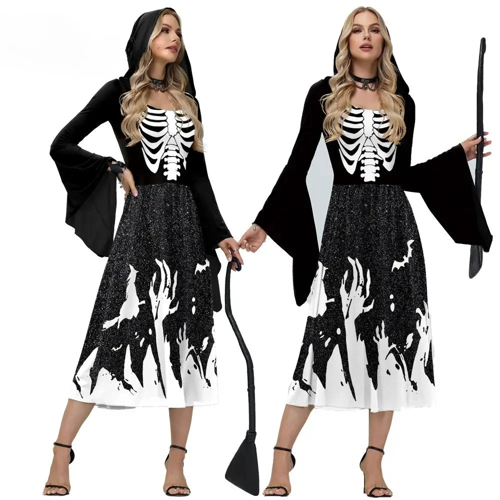 Women’s Skeleton Halloween Cosplay Costume – Hooded Medieval Robe Dress