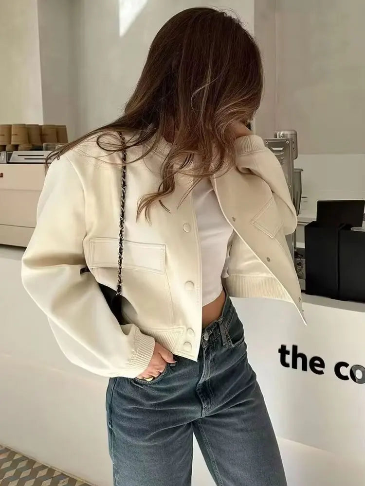 Women’s Bomber Jacket with Pockets – Vintage Long Sleeve Casual Outerwear