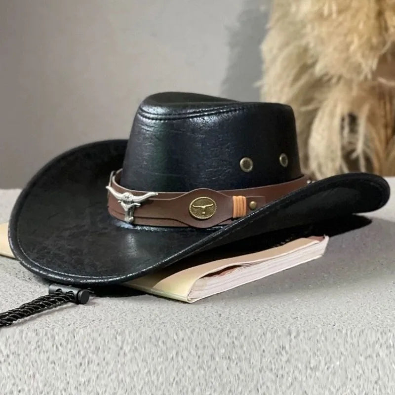 Faux Leather Western Cowboy Hat – Vintage Unisex Panama Cowgirl Jazz Cap for Men & Women