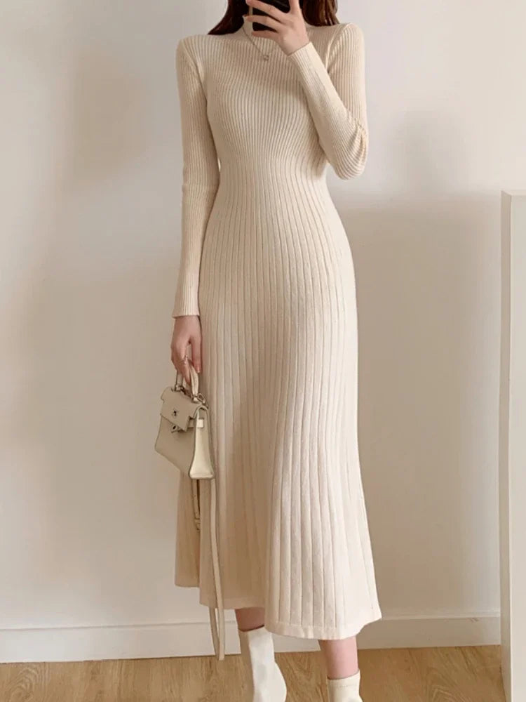Women’s Slim Knitted Midi Dress – Long Sleeve Half High Collar Sweater Dress