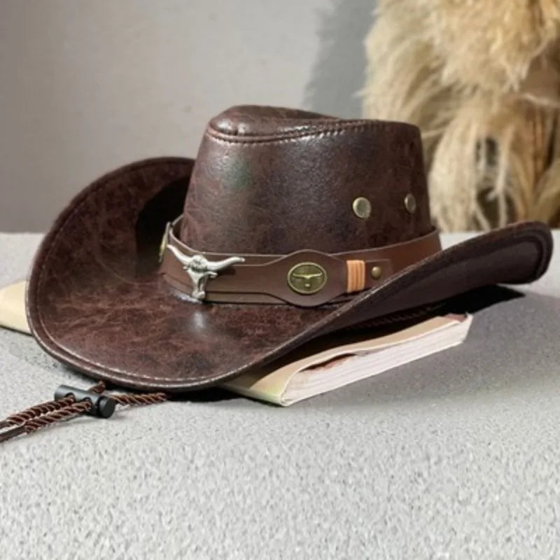 Faux Leather Western Cowboy Hat – Vintage Unisex Panama Cowgirl Jazz Cap for Men & Women
