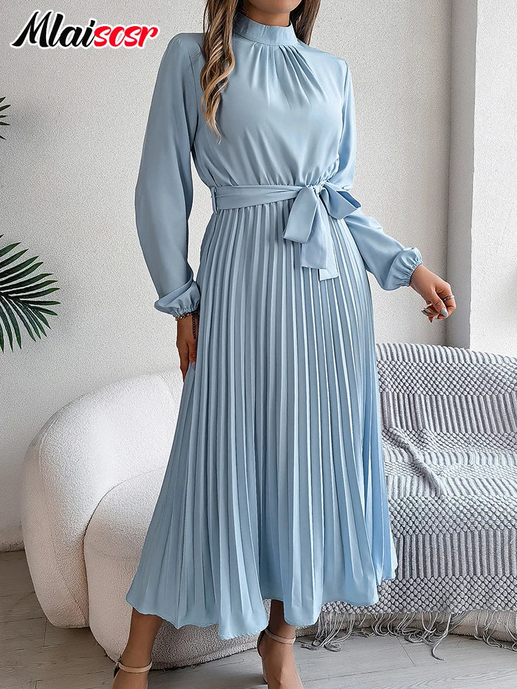Women’s Elegant Blue Pleated A-Line Dress – Lace-Up Long Sleeve Evening Gown