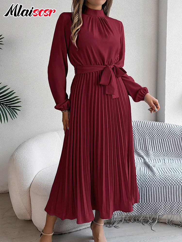 Women’s Elegant Blue Pleated A-Line Dress – Lace-Up Long Sleeve Evening Gown