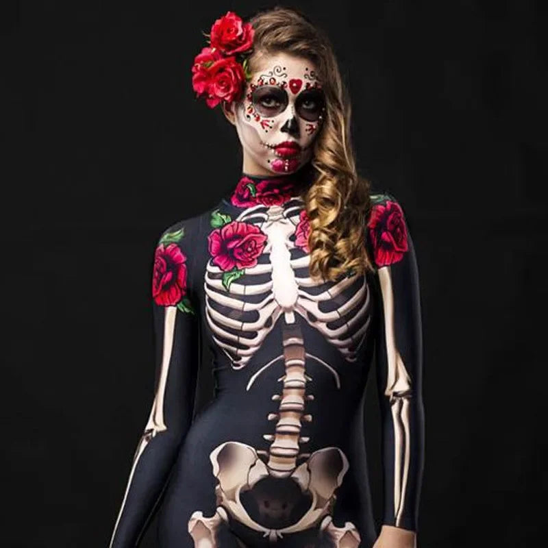 Rose Skeleton Halloween Costume – Adult & Kids Cosplay Jumpsuit for Party or Carnival