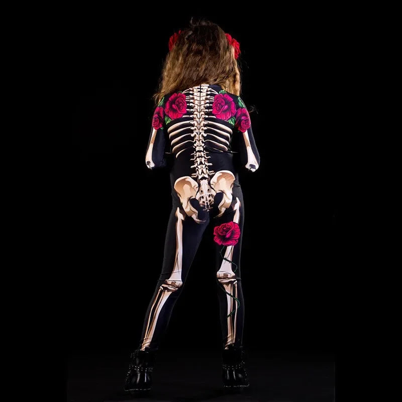 Rose Skeleton Halloween Costume – Adult & Kids Cosplay Jumpsuit for Party or Carnival
